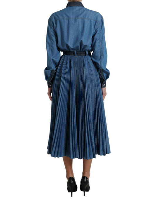 Blue Collared Denim Pleated A-line Midi Dress