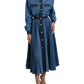 Blue Collared Denim Pleated A-line Midi Dress