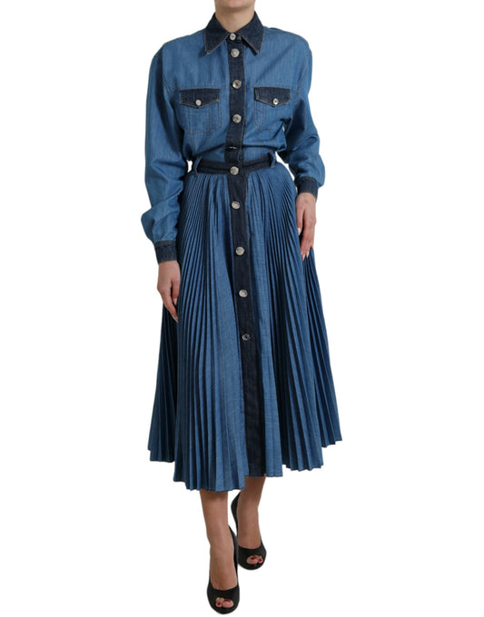 Blue Collared Denim Pleated A-line Midi Dress