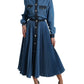 Blue Collared Denim Pleated A-line Midi Dress
