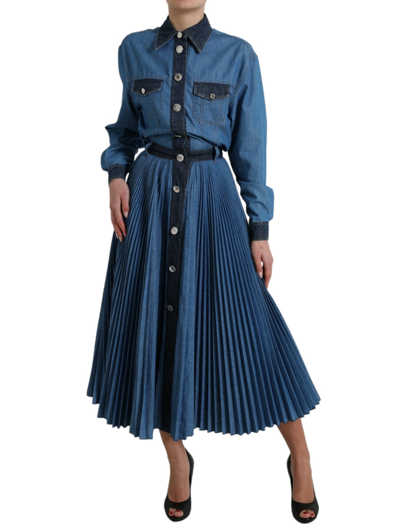 Blue Collared Denim Pleated A-line Midi Dress