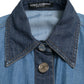 Blue Collared Denim Pleated A-line Midi Dress