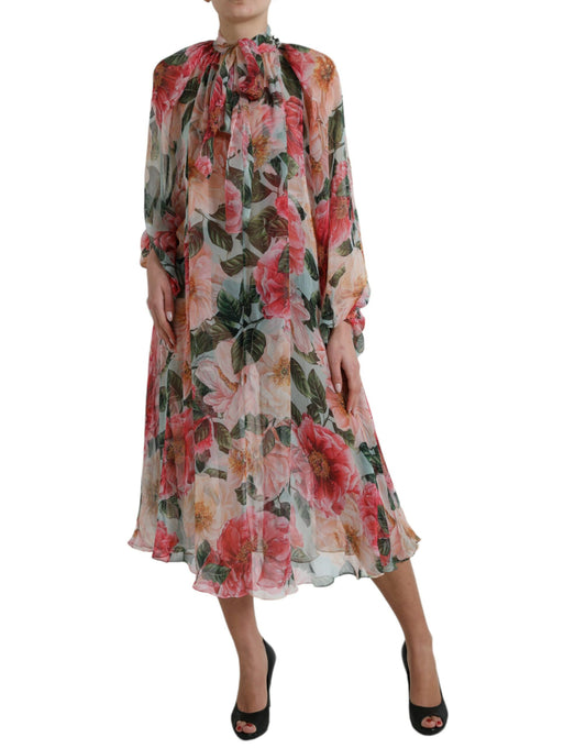 Multicolor Floral Print Silk Aline Midi Dress