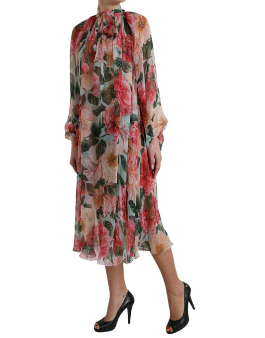 Multicolor Floral Print Silk Aline Midi Dress