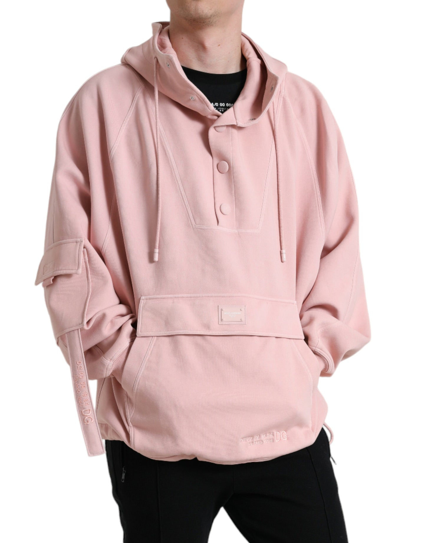 Pink Cotton Hooded Pockets Pullover Sweater