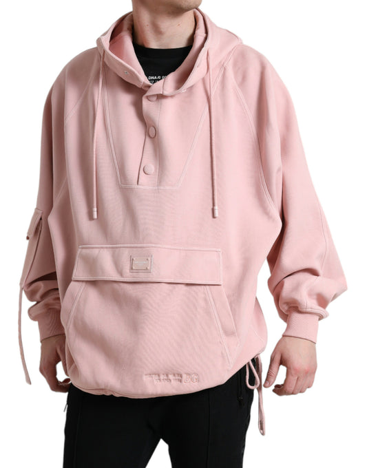 Pink Cotton Hooded Pockets Pullover Sweater