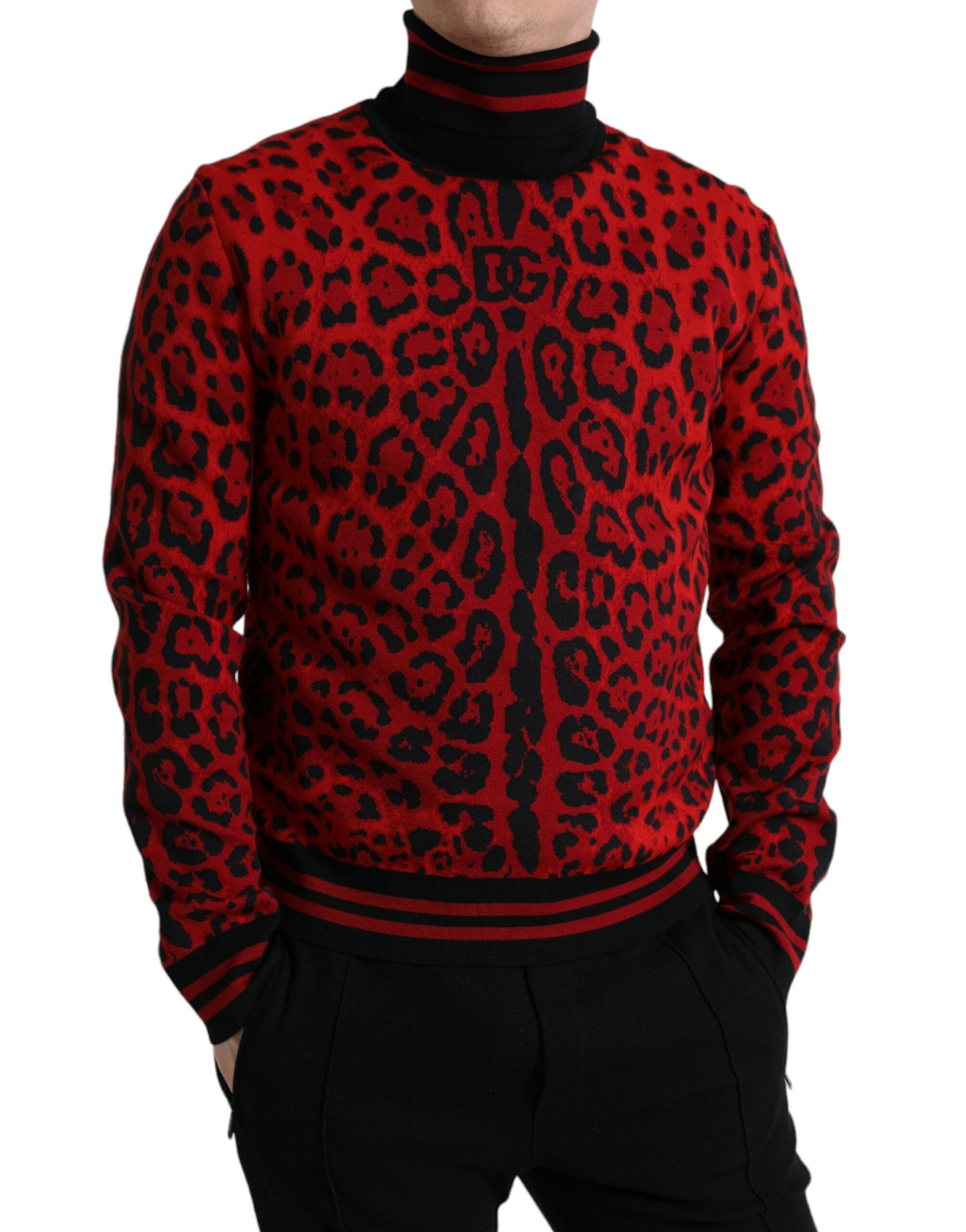 Red Leopard Print Turtleneck Pullover Sweater