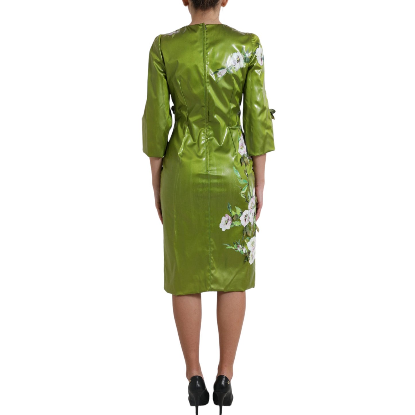 Green Floral Embellished Sheath Midi Dress