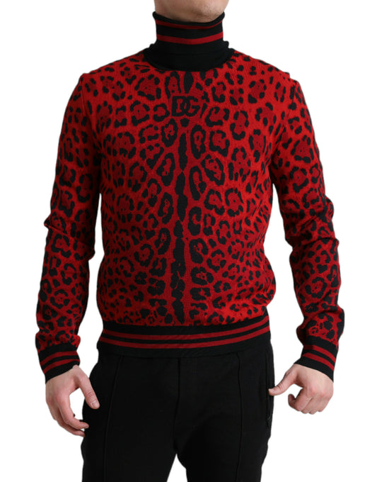 Red Leopard Print Turtleneck Pullover Sweater