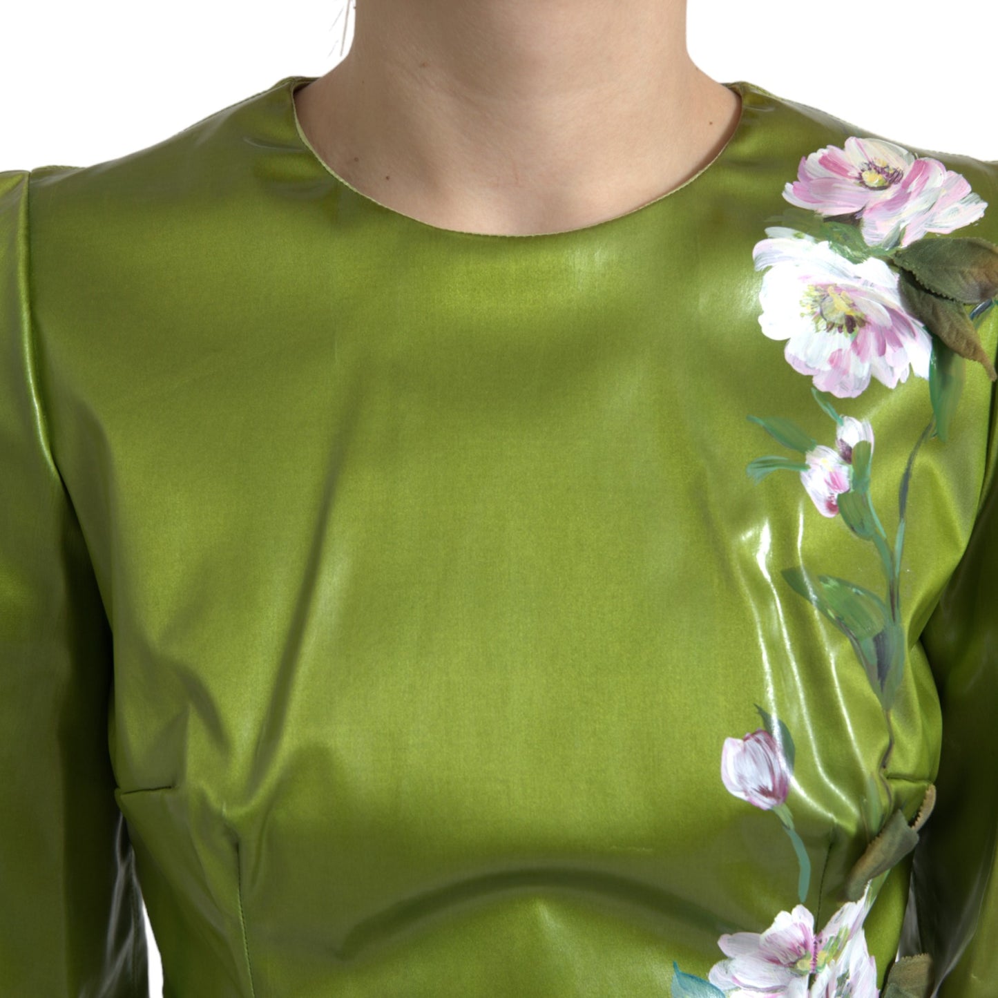 Green Floral Embellished Sheath Midi Dress