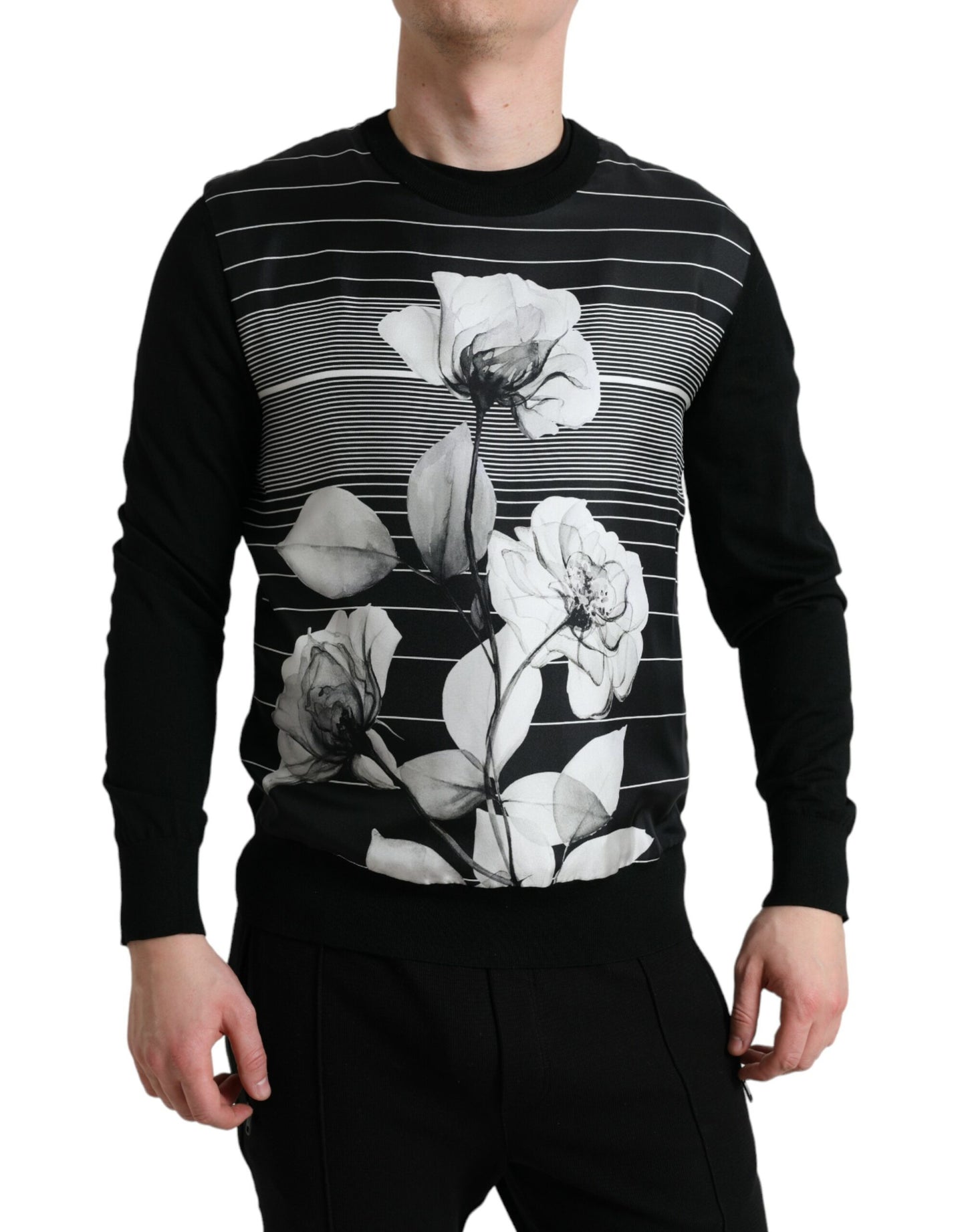 Black Floral Print Wool Silk Pullover Sweater