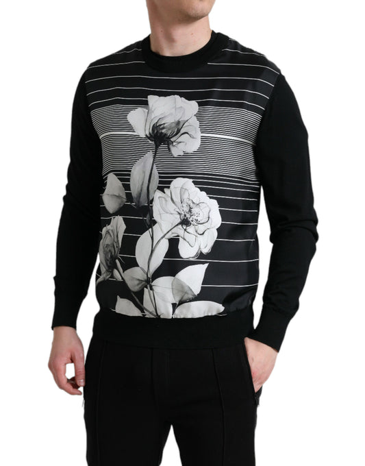 Black Floral Print Wool Silk Pullover Sweater