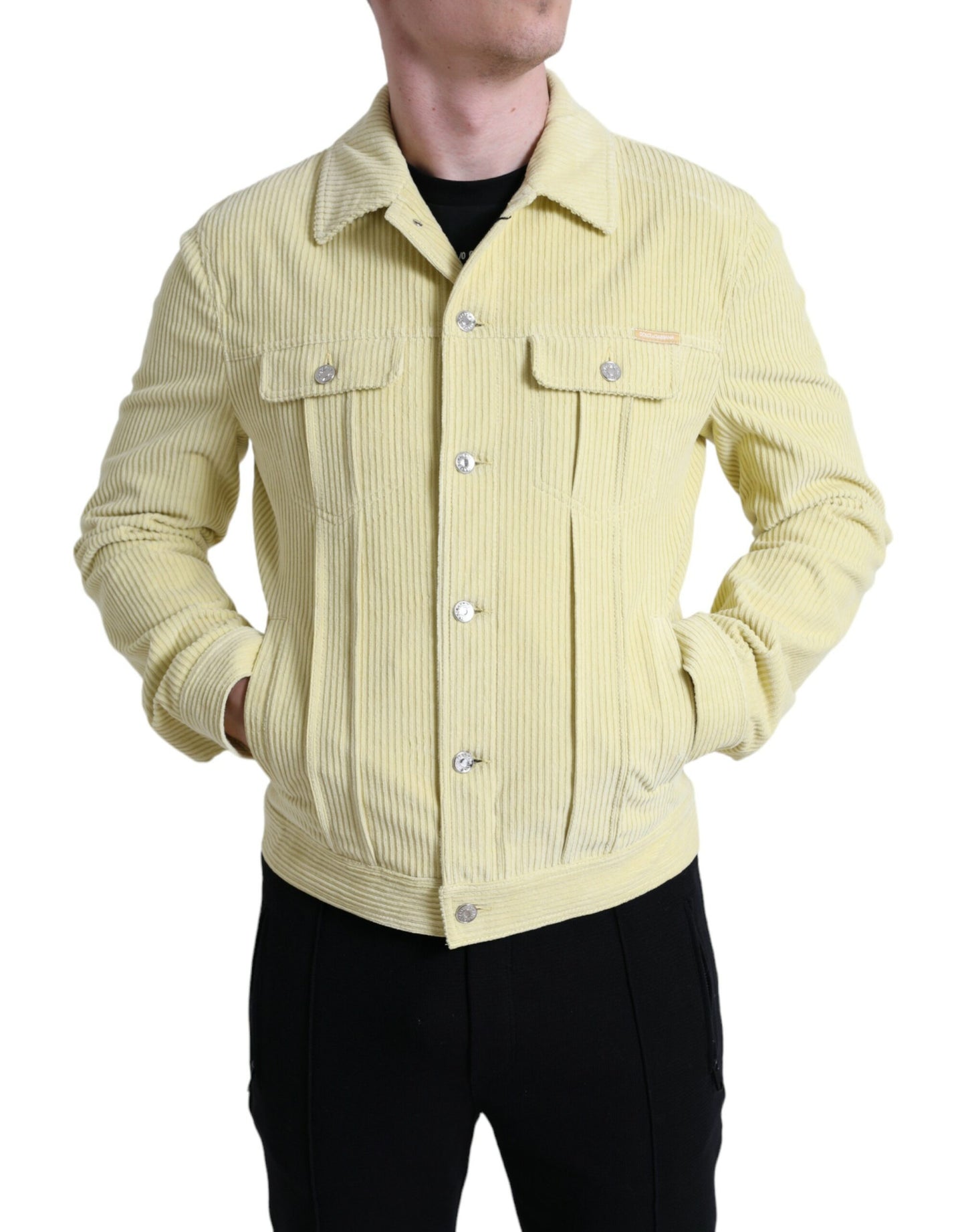 Yellow Cotton Corduroy Collared Shirt Sweater