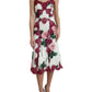 White Rose Print Lace Silk A-line Midi Dress