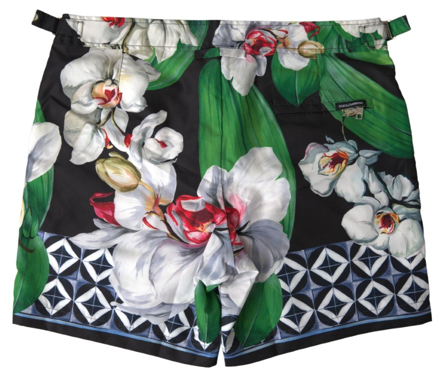 Black Floral Orchids Beachwear Shorts Swimwear