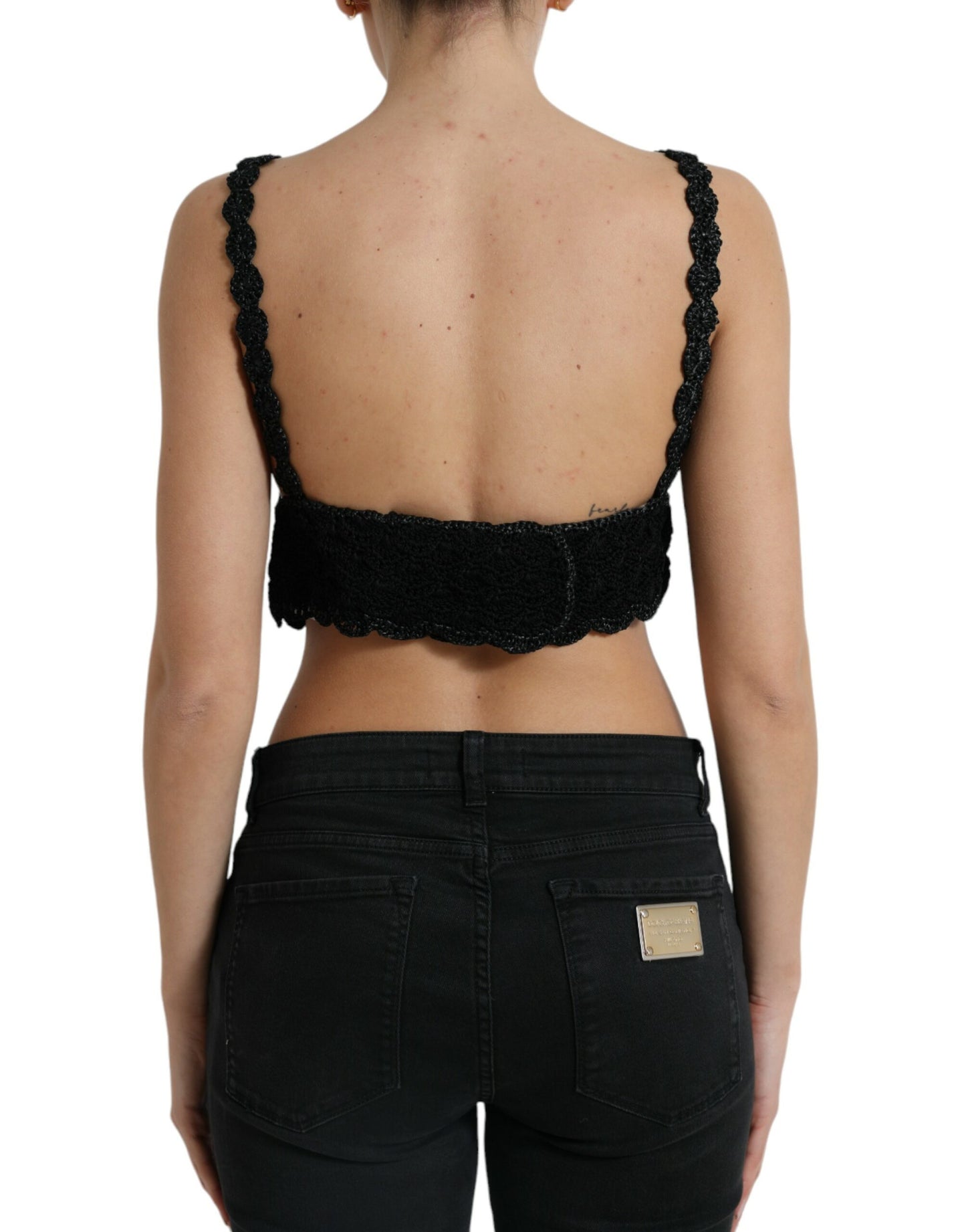 Black Cotton Bustier Cropped Crochet Tank Top