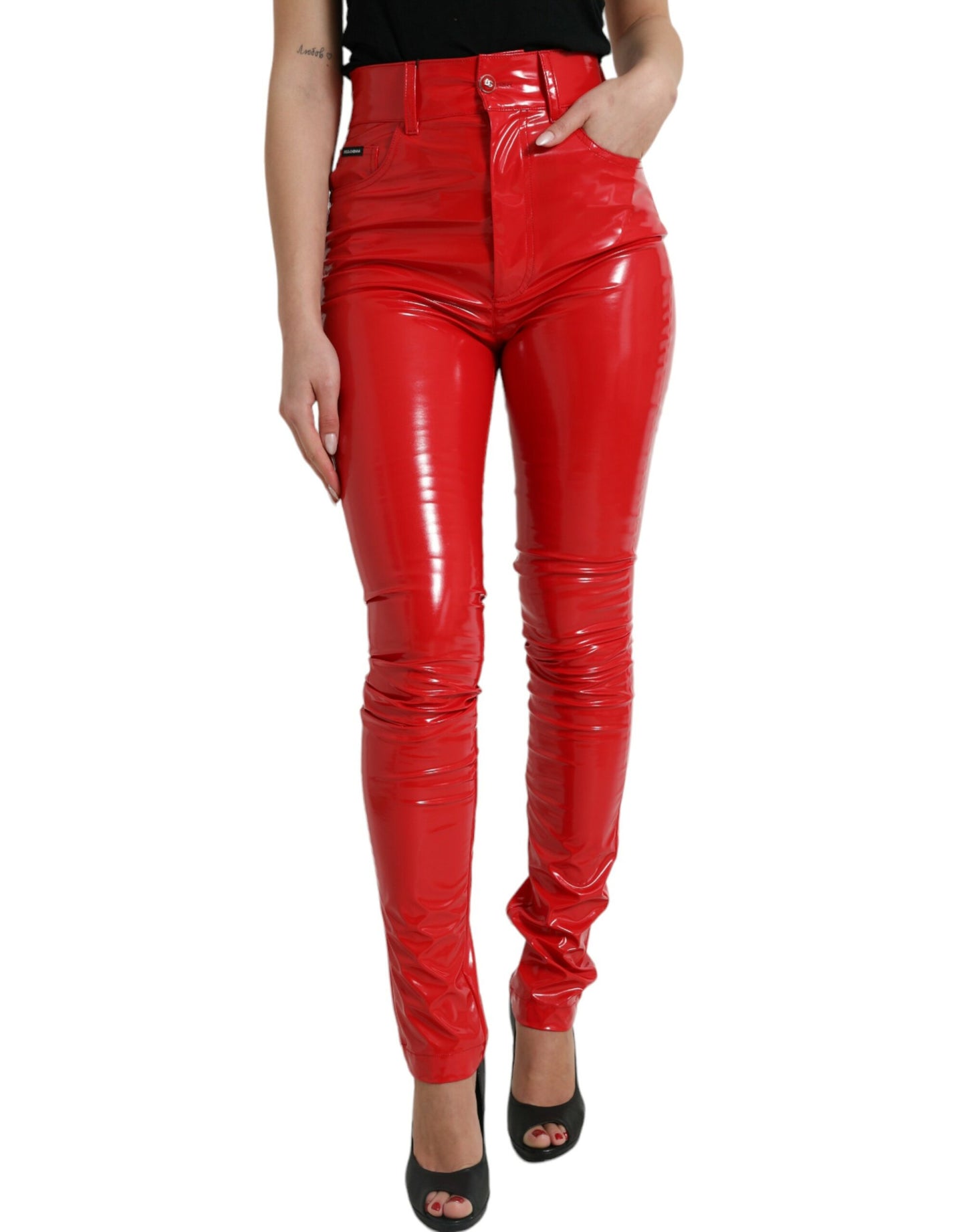 Shiny Red High Waist Skinny Pants