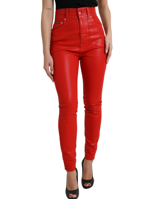 Red Cotton High Waist Skinny Denim Jeans