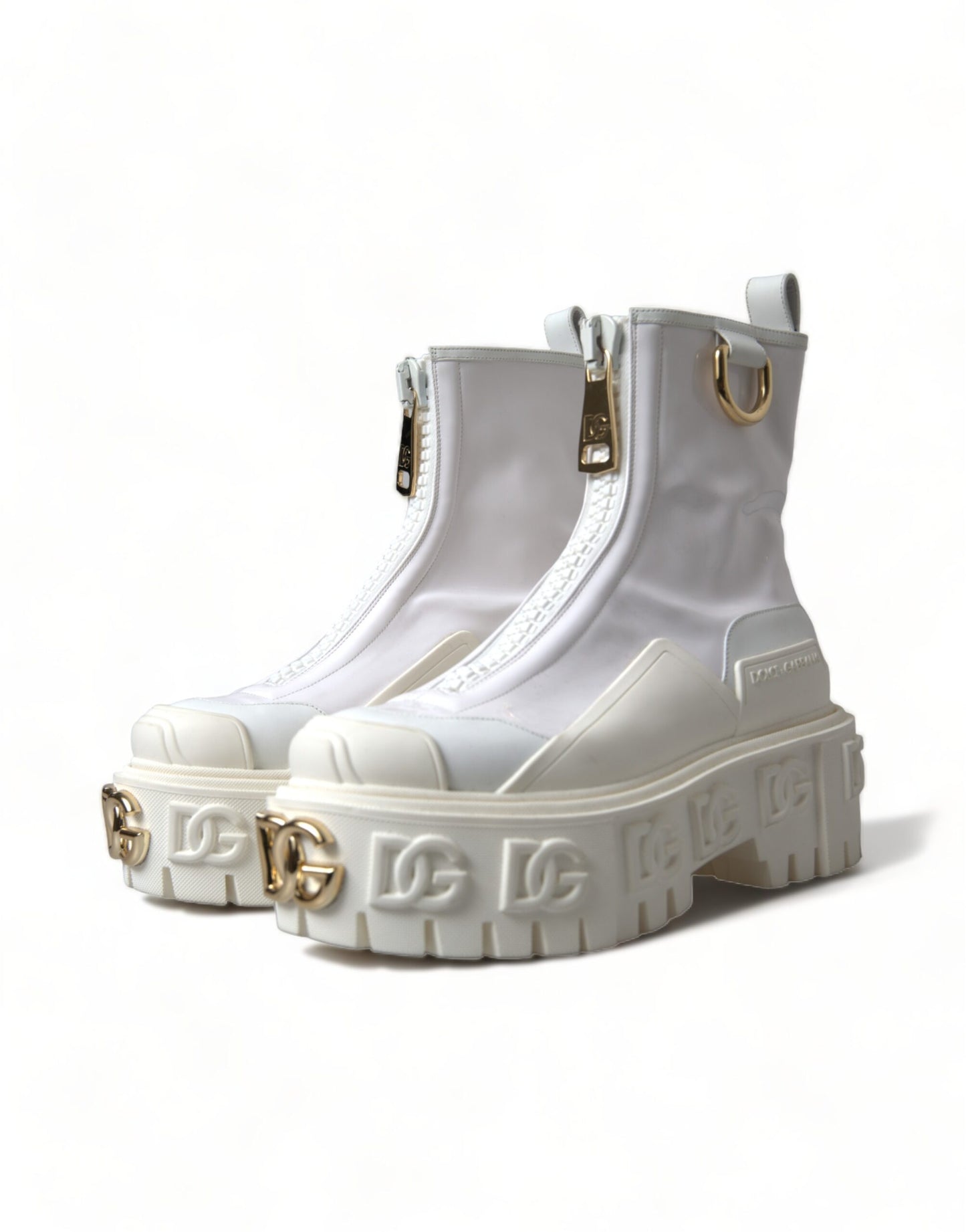 White Leather Logo Plaque Zip Ankle Boots Shoes