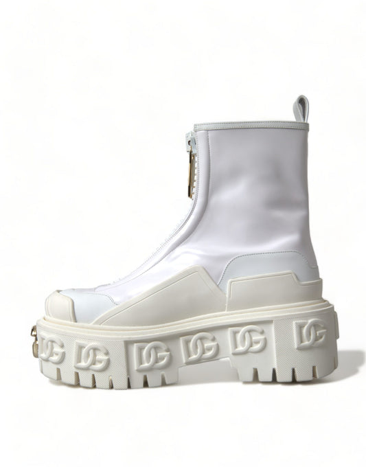 White Leather Logo Plaque Zip Ankle Boots Shoes