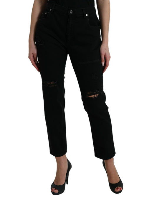 Black Cotton High Waist Tattered Denim Jeans