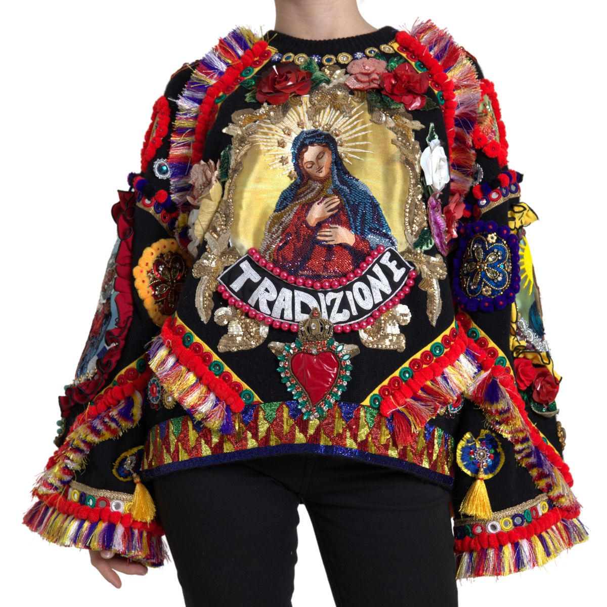 Multicolor Embellished Crew Neck Pullover Sweater