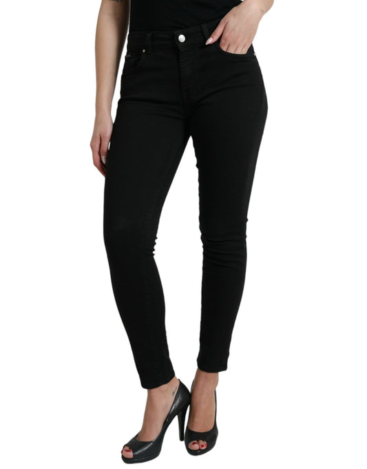 Black Cotton Mid Waist Skinny Denim Jeans