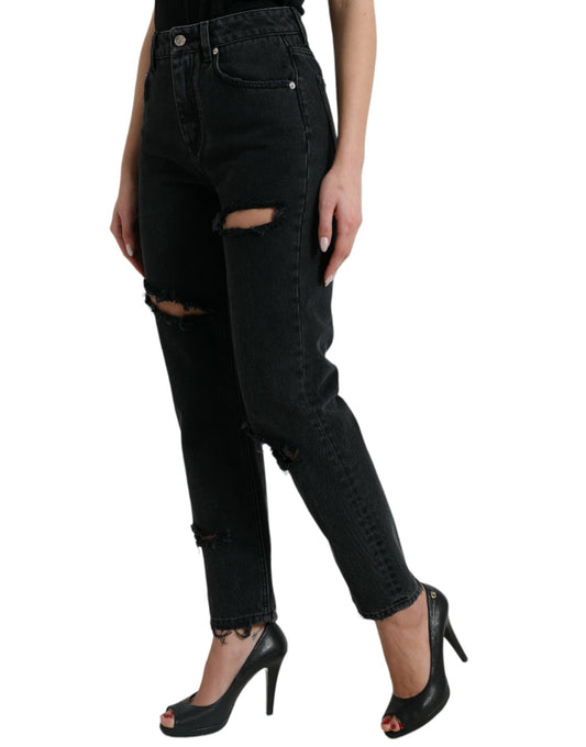 Black Cotton High Waist Tattered Denim Jeans