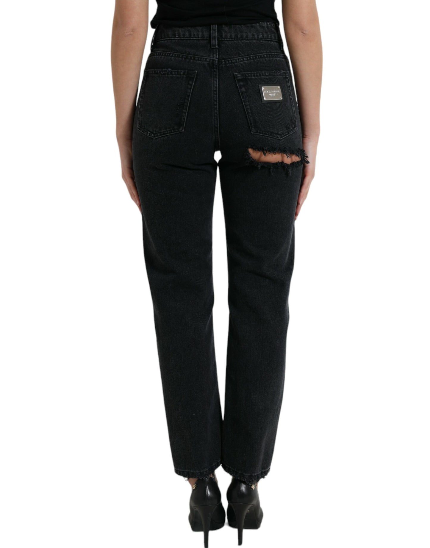 Black Cotton High Waist Tattered Denim Jeans