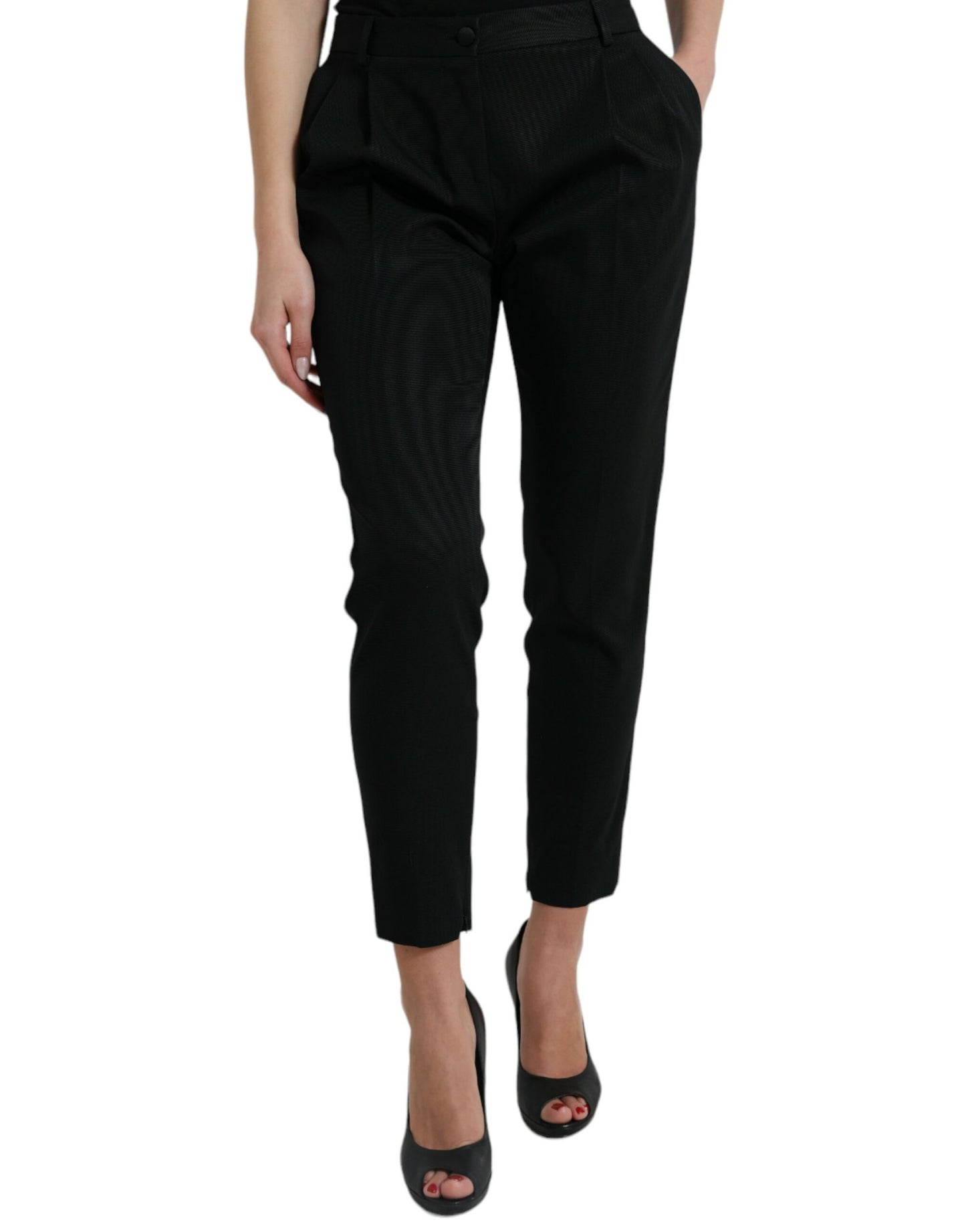 Black Wool High Waist Cropped Tapered Pants