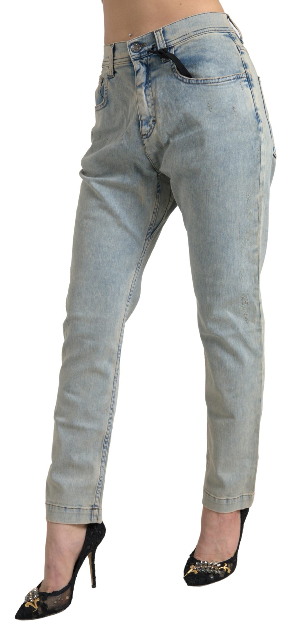 Blue Washed Cotton Mid Waist Skinny Jeans