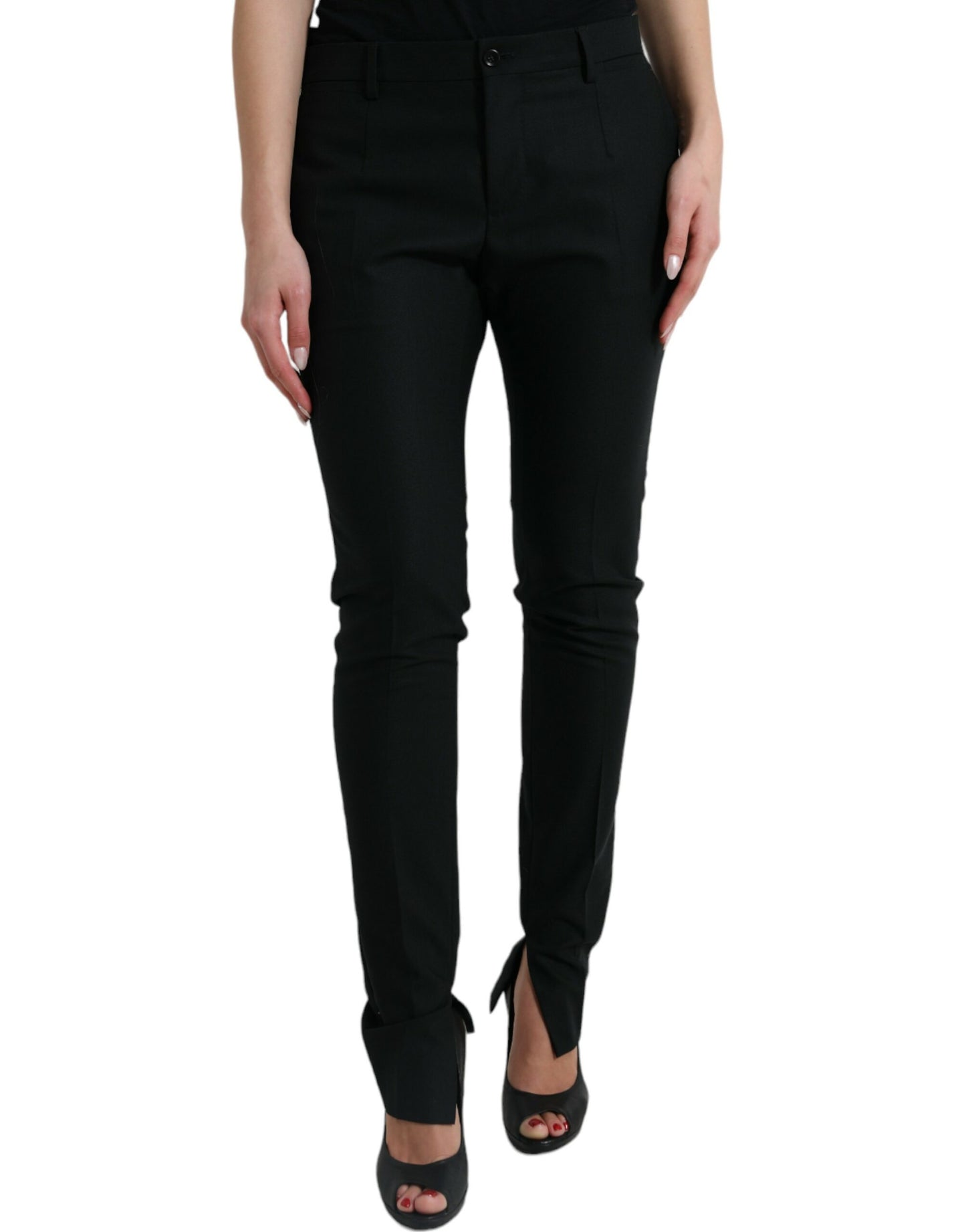 Black Wool Mid Waist Tapered Pants