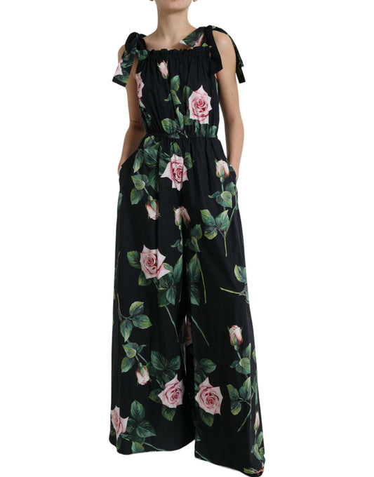 Black Rose Cotton Poplin Wide Leg Jumpsuit Dress