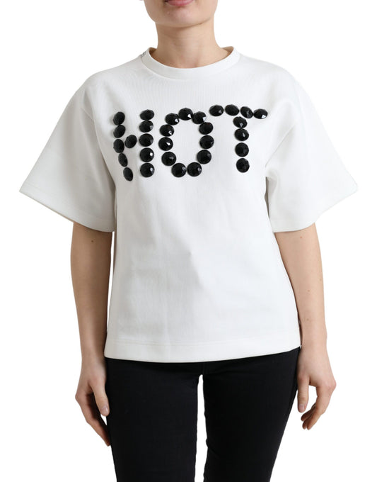 T-shirt White Cotton Stretch Black HOT Crystal