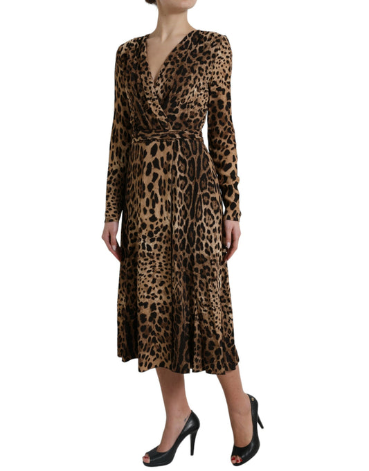 Brown Leopard Print Wrap Effect Midi Dress