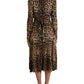Brown Leopard Print Wrap Effect Midi Dress