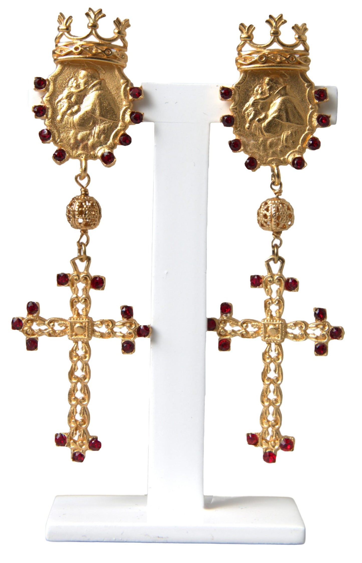 Regal Gold Cross & Crown Clip Earrings