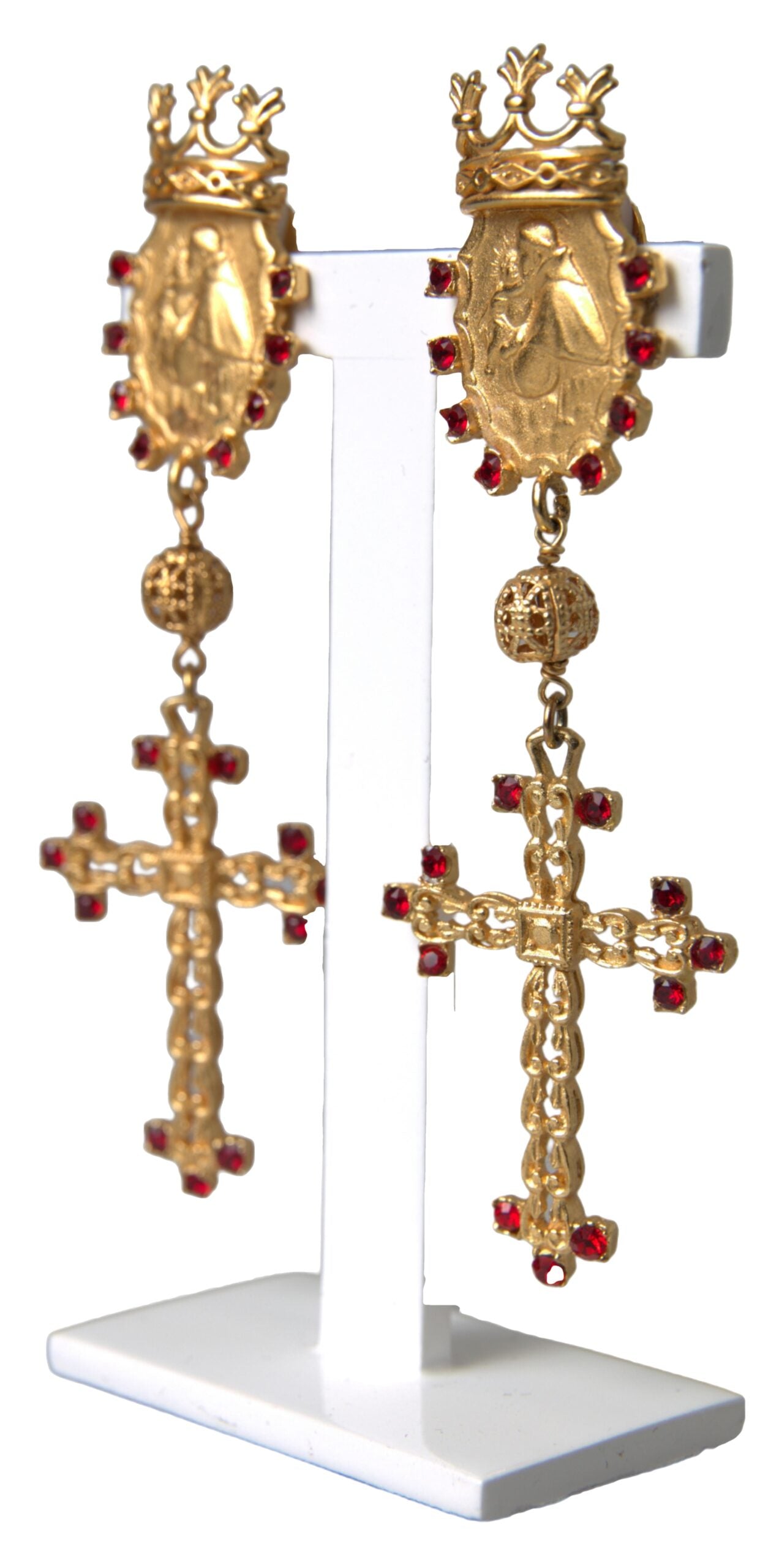 Regal Gold Cross & Crown Clip Earrings