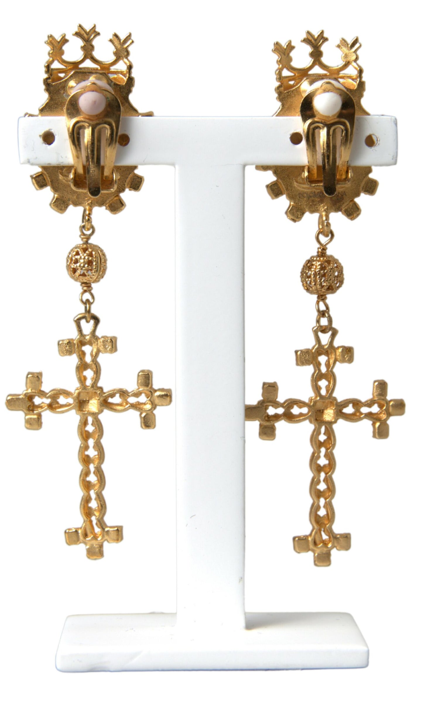 Regal Gold Cross & Crown Clip Earrings