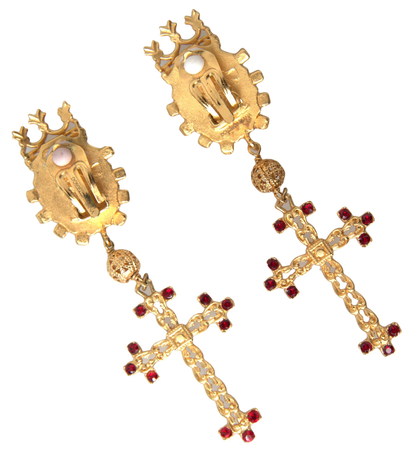 Regal Gold Cross & Crown Clip Earrings