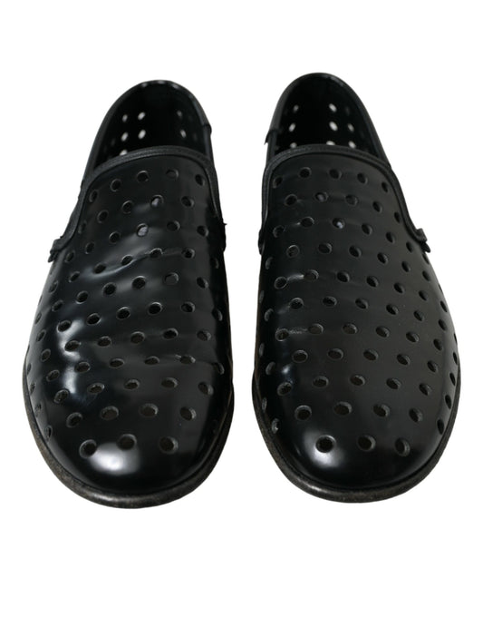 Black Leather Perforated Loafers Shoes