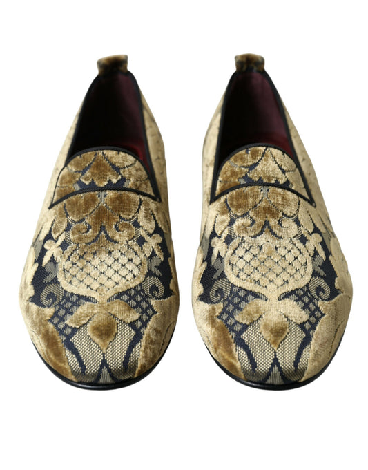 Gold Velvet Brocade Smoking Slipper Dress Shoes