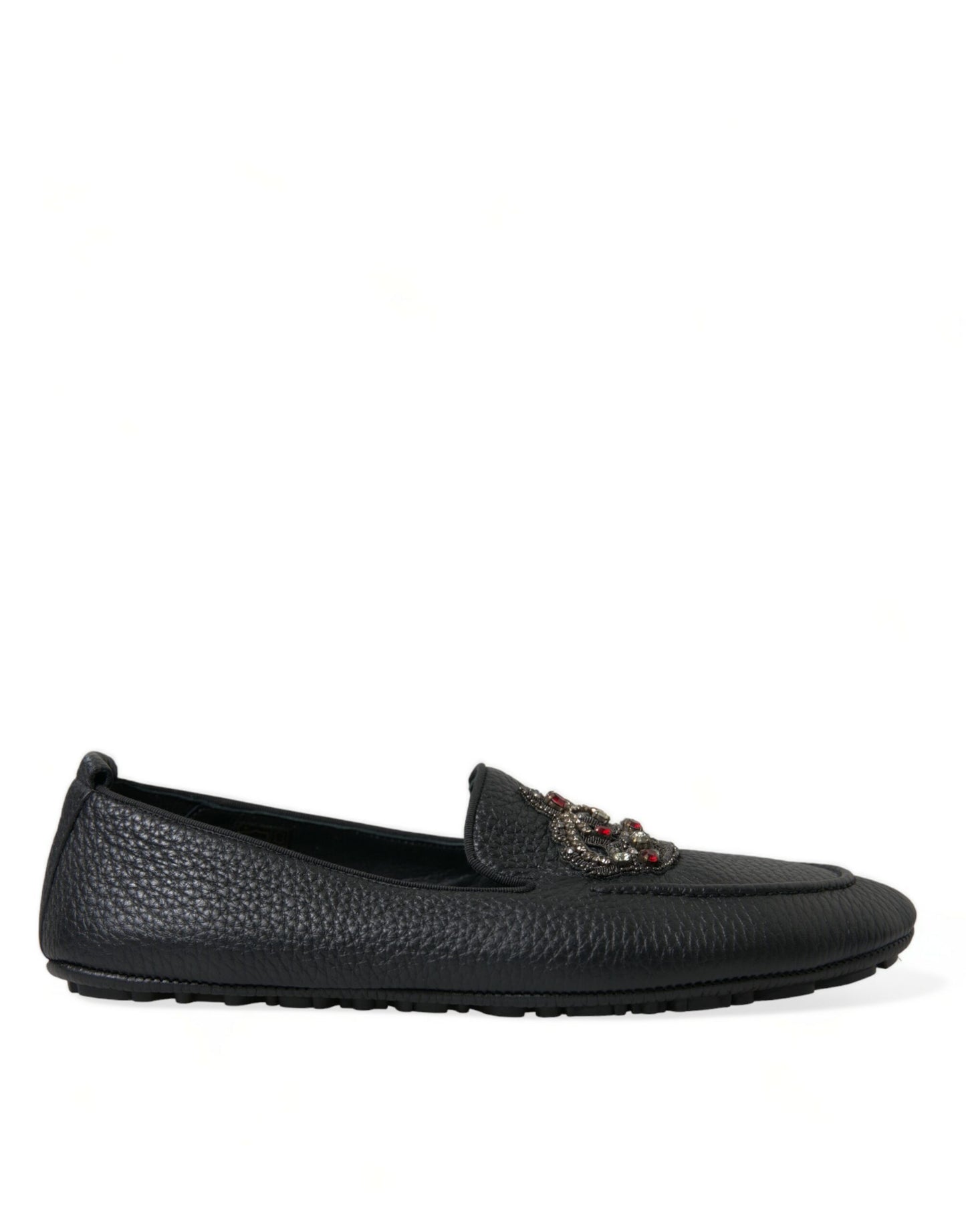 Black Leather Crystal Embellished Loafers Dress Shoes