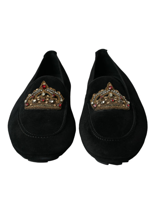 Black Leather Crystal Crown Loafers Shoes