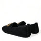 Black Leather Crystal Crown Loafers Shoes