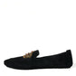 Black Leather Crystal Crown Loafers Shoes