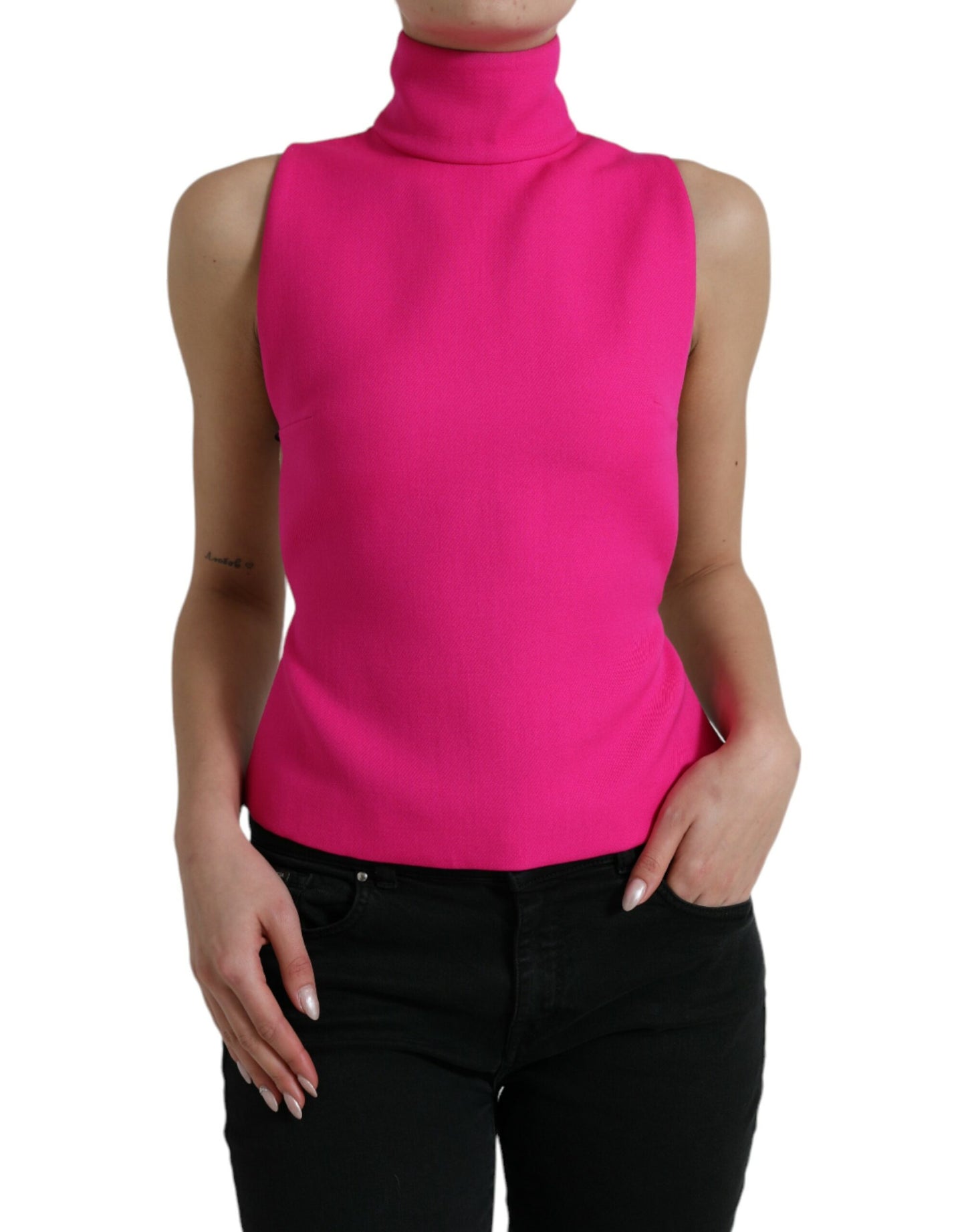 Pink Wool Knit Turtle Neck Backless Tank Top