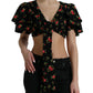 Black Floral Print Short Sleeves Cropped Top