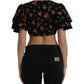Black Floral Print Short Sleeves Cropped Top