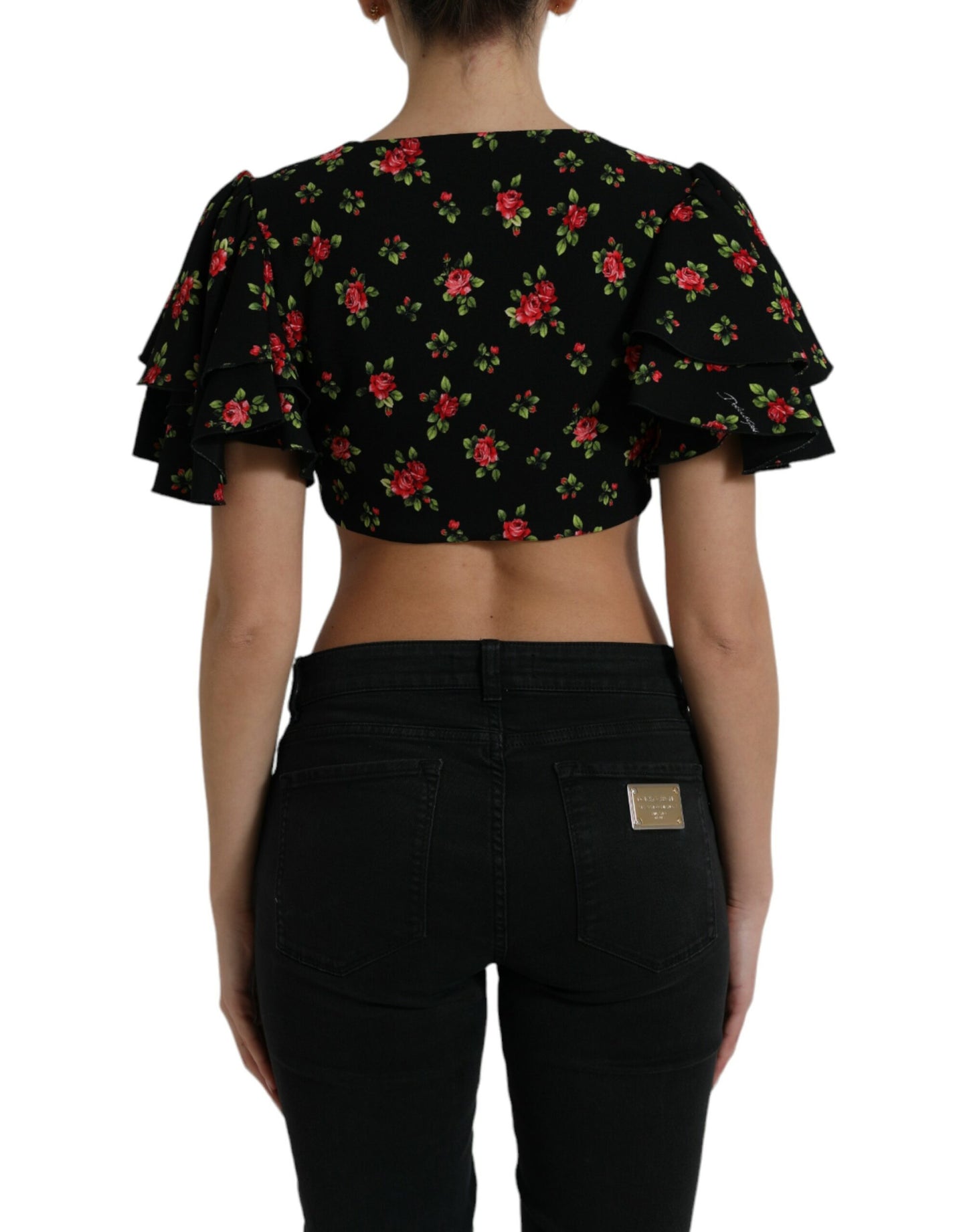 Black Floral Print Short Sleeves Cropped Top